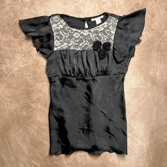 Vintage Y2K Charlotte Russe Satin Lace Flutter Sleeve Empire Waist Top Floral - Picture 1 of 5